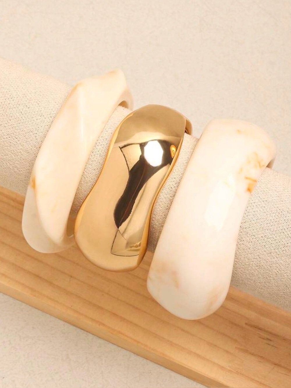 Gold and Cream Statement Bangle Bracelet Set